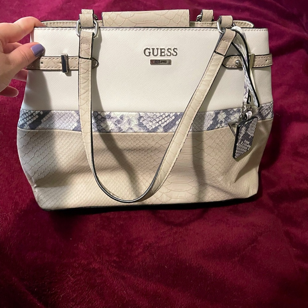 Guess purse- white and tan with grey snakeskin design